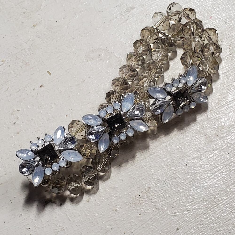 Vintage Bracelet Faux Diamond w/ Clear Glass Beads Beaded Stretchy